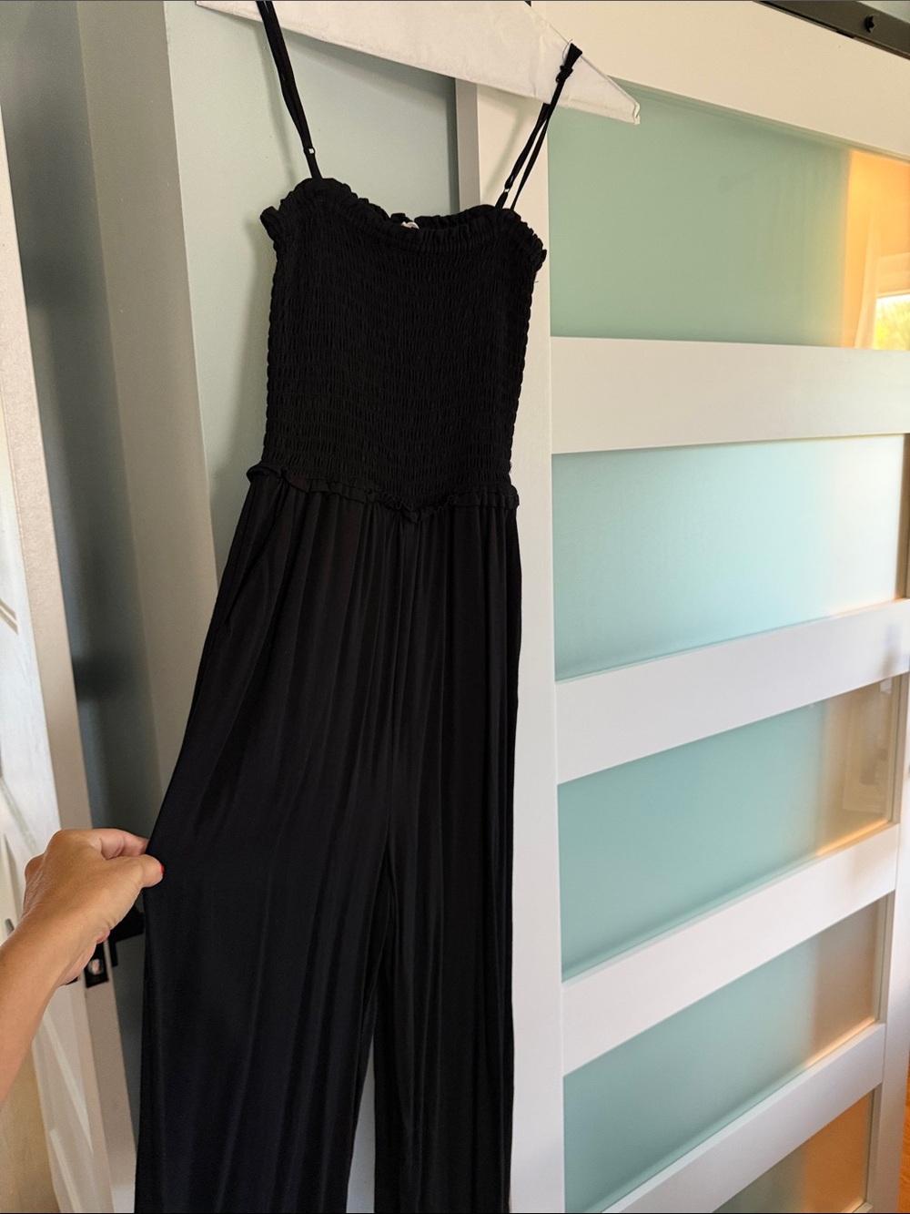 BB Dakota Black Smocked Wide-Leg Jumpsuit with Spaghetti Straps